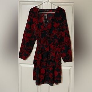 UGUEST XXL Women Long Sleeve V Neck Dress Floral Mini Swing Party Wedding Dress